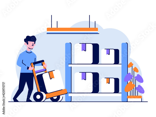 Vector Illustration ecommerce staff Enter goods supply into the warehouse groceries online shopping shop flat and outline design style