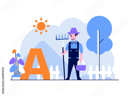 Vector Illustration Health medical blood type A Farmer man do Farming in a farm flat and outline design style