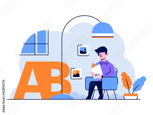 Vector Illustration Health medical blood type AB Humanist man sit reading book flat and outline design style