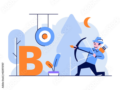 Vector Illustration Health medical blood type B Hunter archer shoot arrows on a target flat and outline design style