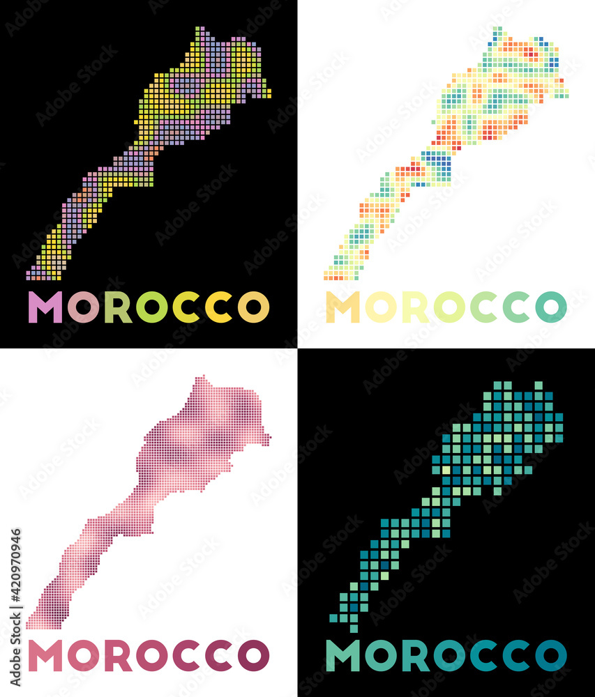 Obraz premium Morocco map. Collection of maps of Morocco in a dotted style. Borders of the country filled with rectangles for your design. Vector illustration.
