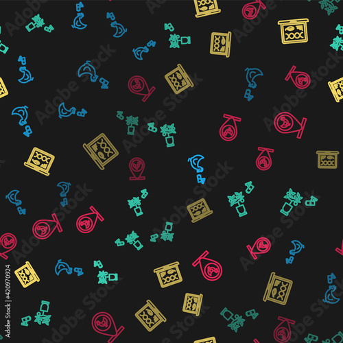 Set line Chicken farm and camera, Smart farming technology, Genetic engineering modification and location on seamless pattern. Vector