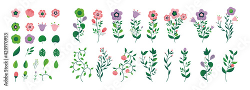 Vector flower collection - Big set of flowers and plants, colourful and beautiful. Flat design Illustration.