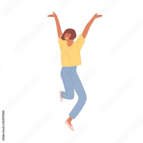 Happy smiling woman jumping from joy and success. Young energetic student celebrating achievements and victory. Colored flat vector illustration of delighted person isolated on white background