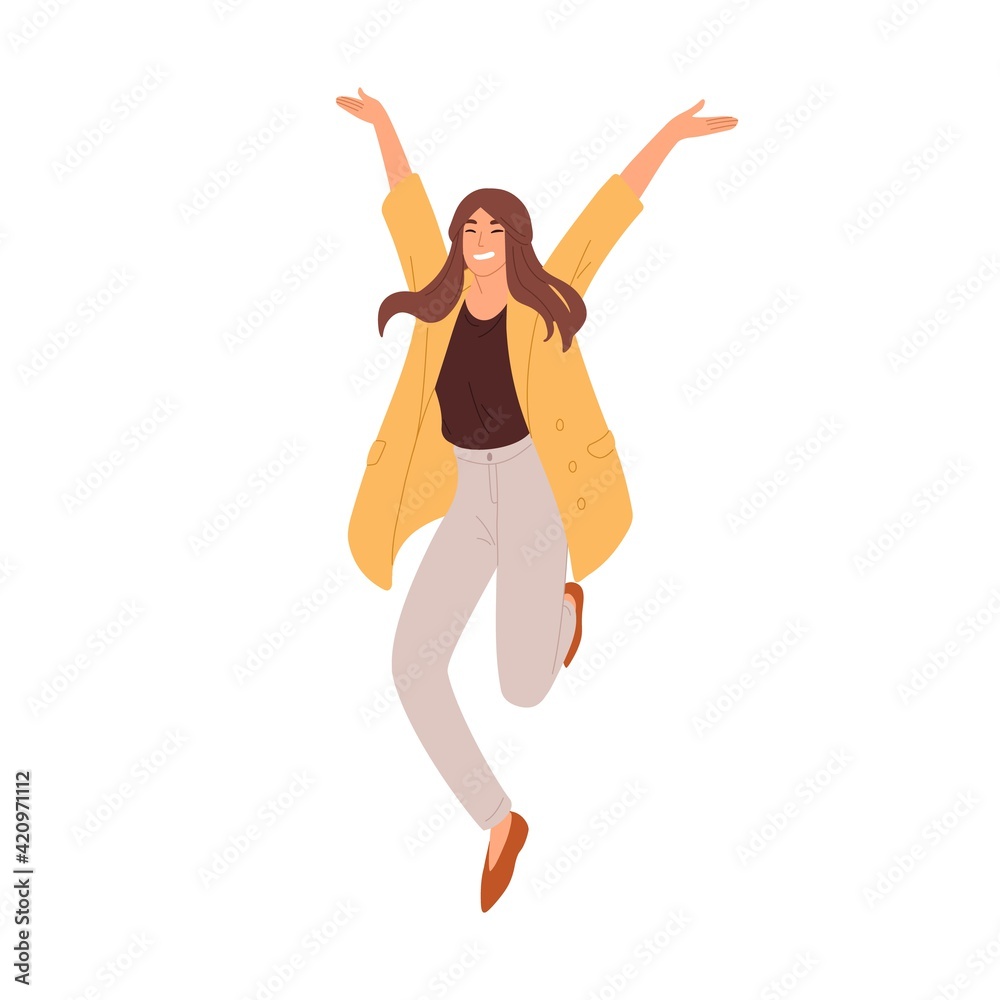 Happy woman jumping up from joy and success. Rejoicing employee celebrating achievement and victory. Delighted successful person. Colored flat vector illustration isolated on white background Happy woman jumping up from joy and success. Rejoicing employee celebrating achievement and victory. Delighted successful person. Colored flat vector illustration isolated on white background