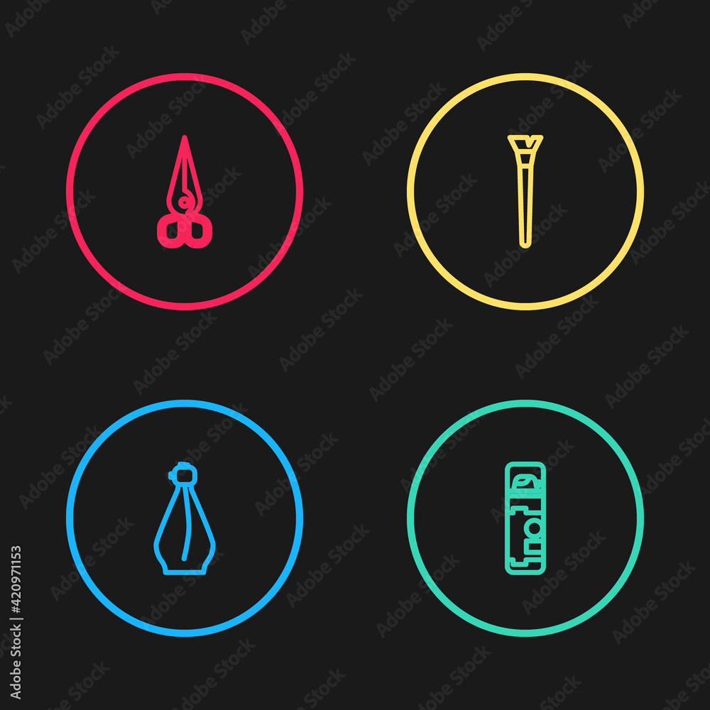 Set line Perfume, Shaving gel foam, Makeup brush and Scissors icon. Vector Set line Perfume, Shaving gel foam, Makeup brush and Scissors icon. Vector