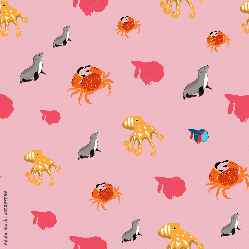 Obraz premium Sea creatures vector repeat pattern on pink background