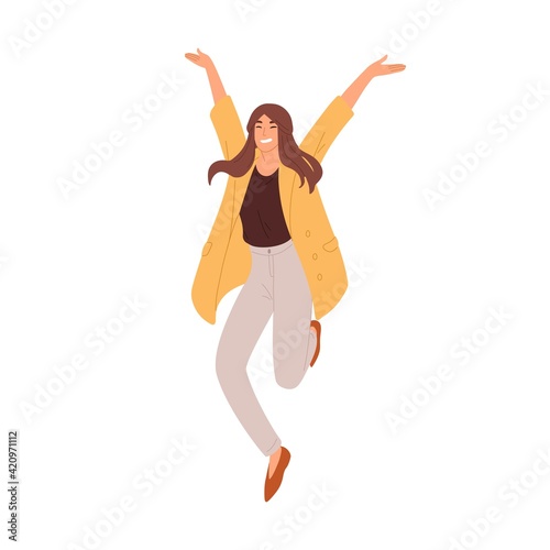 Happy woman jumping up from joy and success. Rejoicing employee celebrating achievement and victory. Delighted successful person. Colored flat vector illustration isolated on white background