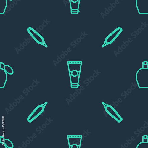 Set line Lotion cosmetic tube, Eyebrow tweezers and Perfume on seamless pattern. Vector
