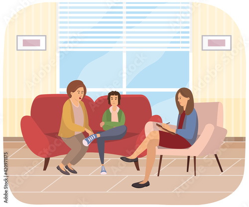Conversation between mother, son and female psychologist. People quarrels in consultation