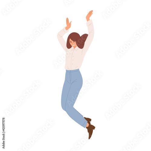 Happy woman jumping up and celebrating her success and victory. Successful employee expressing joy and happiness. Colored flat vector illustration of rejoicing winner isolated on white background