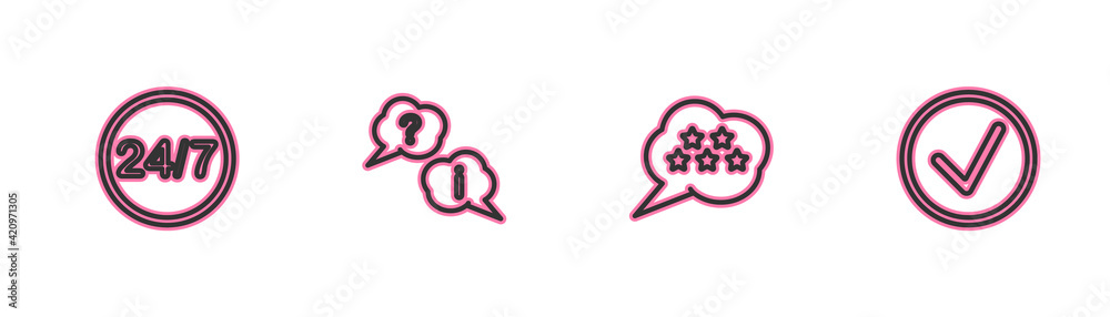 Set line Clock 24 hours, Five stars rating review, Question and Exclamation and Check mark circle icon. Vector