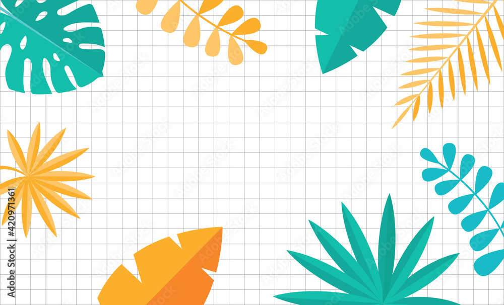 Simple Tropical Palm and Motstera Leaves Natural Square Background. Vector Illustration
