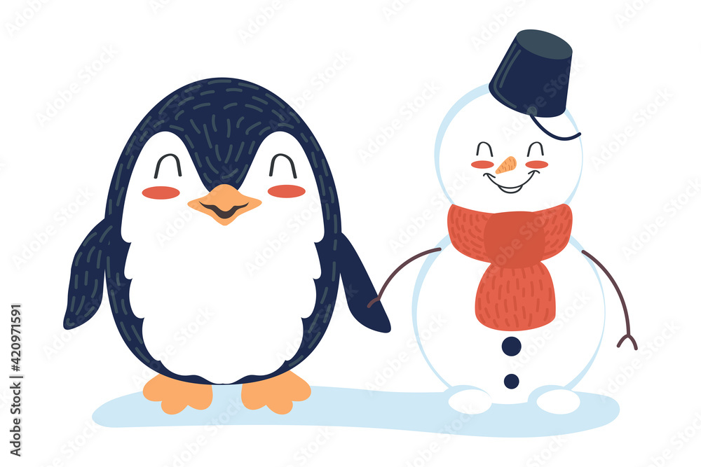 Fototapeta premium Cute cartoon characters penguin and snowman hold hands. Friends at the North Pole. Children's vector illustration