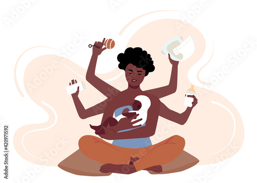 Busy African American mother taking care of her child. Multitasking black mom with six hands changes diapers, feeds, puts her baby to bed. Flat vector illustration
