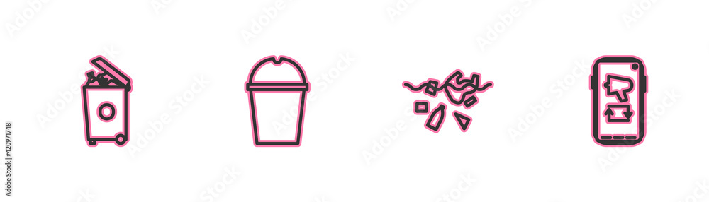 Set line Trash can, Problem of pollution planet, Paper glass water and Megaphone mobile icon. Vector Set line Trash can, Problem of pollution planet, Paper glass water and Megaphone mobile icon. Vector