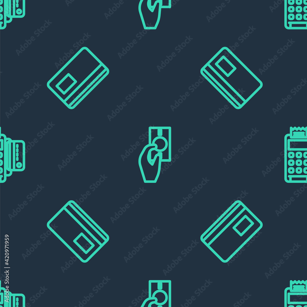 Set line Hand holding money, Credit card and POS terminal with credit on seamless pattern. Vector
