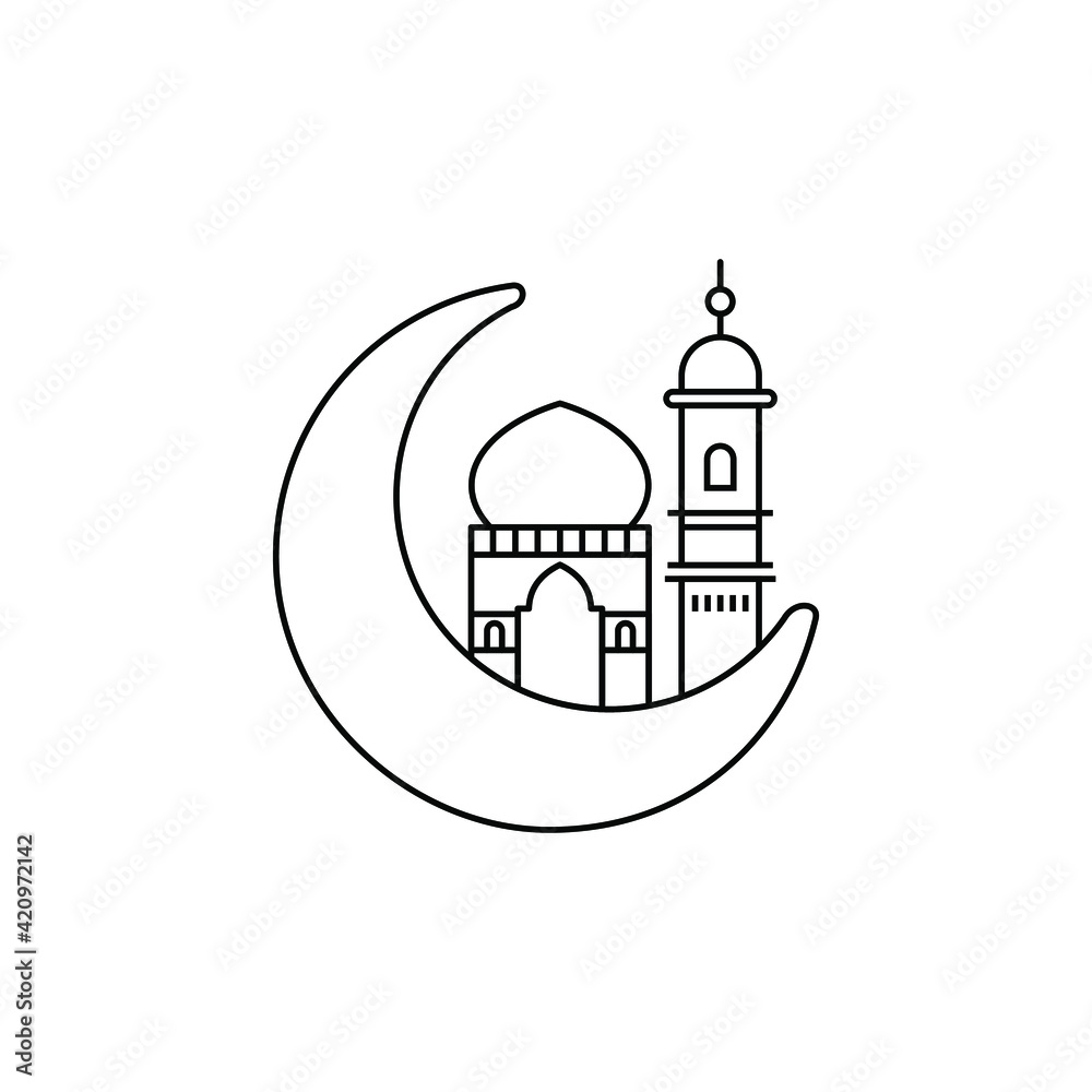 Muslim moon and Mosque outline vector icon. Ramadan kareem symbol, Vector illustration Muslim moon and Mosque outline vector icon. Ramadan kareem symbol, Vector illustration