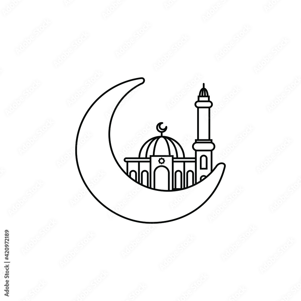 Muslim moon and Mosque outline vector icon. Ramadan kareem symbol, Vector illustration Muslim moon and Mosque outline vector icon. Ramadan kareem symbol, Vector illustration