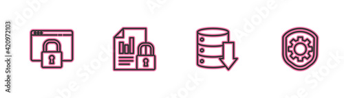 Set line Secure your site with HTTPS, SSL, Server, Data, Web Hosting, Document and lock and Shield settings gear icon. Vector