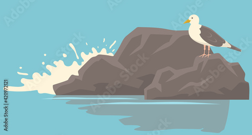 Seagull with folded wings and closed beak standing on stone for ocean landscape vector illustration