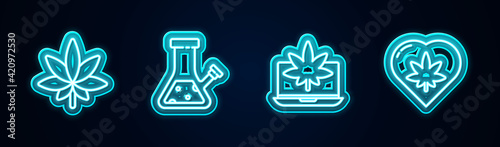 Set line Marijuana or cannabis leaf, Glass bong for smoking, Laptop and marijuana and heart. Glowing neon icon. Vector