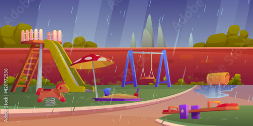 Kids playground at rainy weather, children area