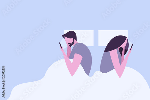 Couple lying part in bed at night looking at their smart phone. Concept illustration for sexual wellbeing