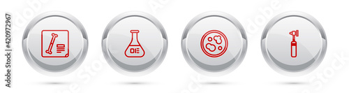 Set line X-ray shots, Test tube and flask, Petri dish with bacteria and Medical otoscope tool. Silver circle button. Vector