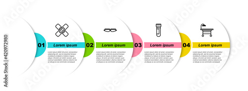 Set line Crossed bandage plaster, Safety goggle glasses, Test tube with blood and Operating table. Business infographic template. Vector