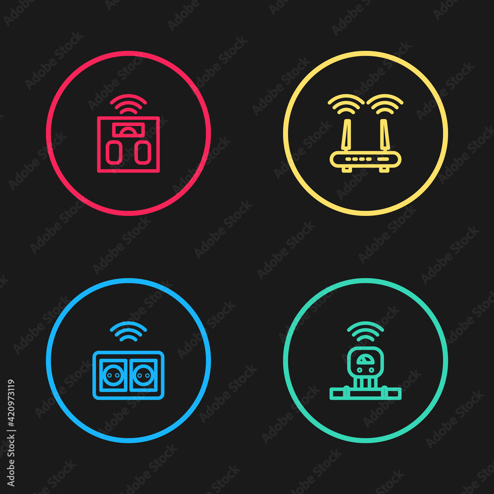 Set line Smart electrical outlet, sensor, Router and wi-fi signal and bathroom scales icon. Vector Set line Smart electrical outlet, sensor, Router and wi-fi signal and bathroom scales icon. Vector