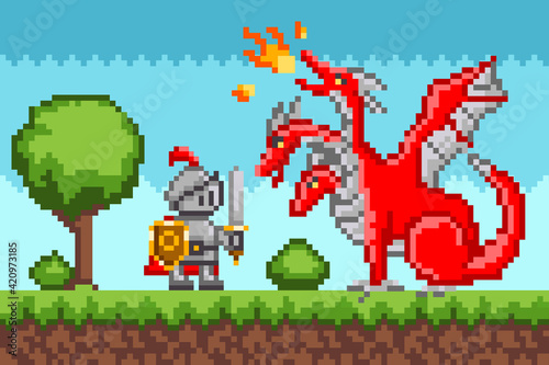 Pixelated natural landscape with warrior holding shield and sword fighting against red dragon