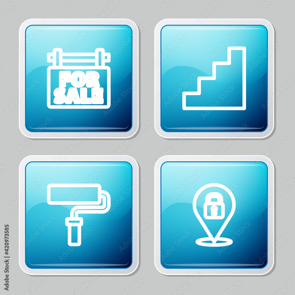 Set line Hanging sign with For Sale, Staircase, Paint roller brush and Location lock icon. Vector