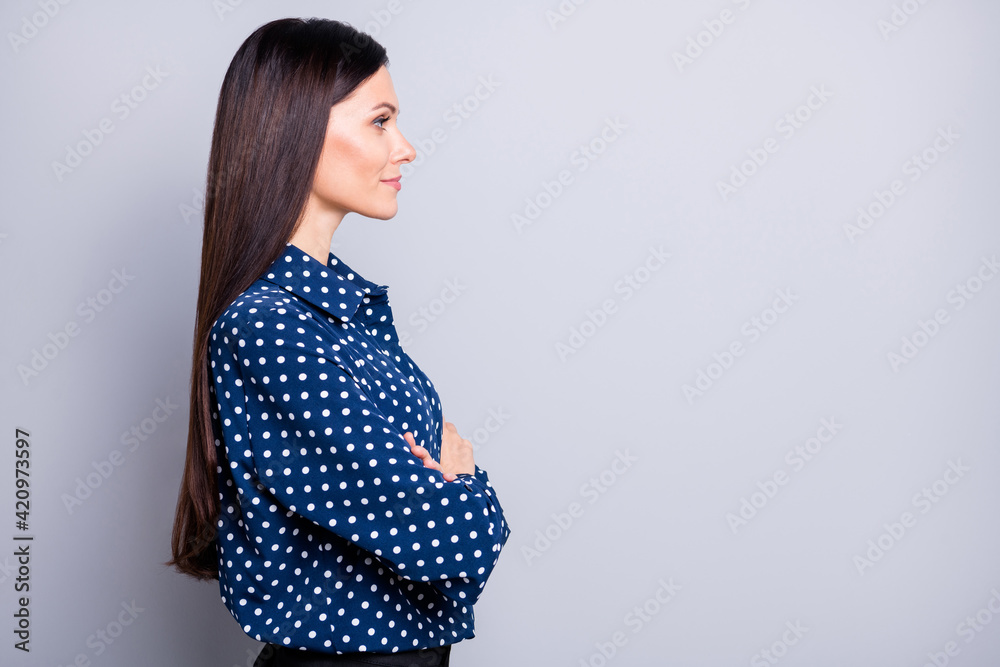 Profile photo of optimistic cute brunette girl wear blue blouse isolated on grey color background Profile photo of optimistic cute brunette girl wear blue blouse isolated on grey color background