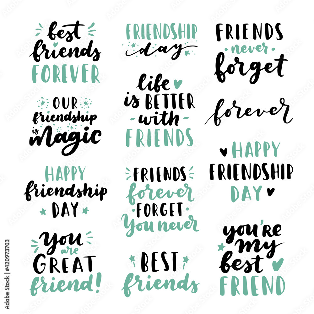 Obraz premium Happy Friendship Day cute hand lettering big set. Best friends forever. Greeting card typography template. Modern calligraphy design elements, quotes, friend phrase.