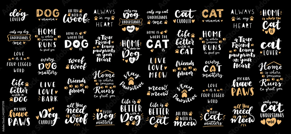 Cat and dog phrase black and white poster. Inspirational quotes about cat, dog and domestical pets. Hand written phrases for poster, cat and dog adoption lettering. Adopt a cat, dog. - obrazy, fototapety, plakaty 