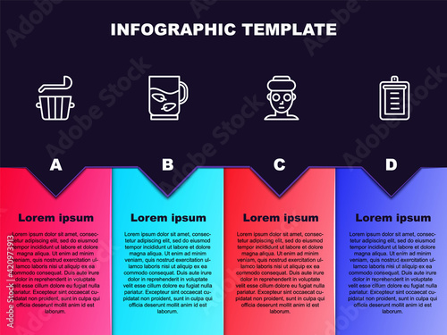 Set line Sauna bucket and ladle, Cup of tea leaf, Facial cosmetic mask and Clipboard with checklist. Business infographic template. Vector