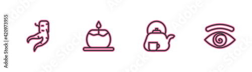 Set line Ginger root, Teapot with cup, Aroma candle and Hypnosis icon. Vector