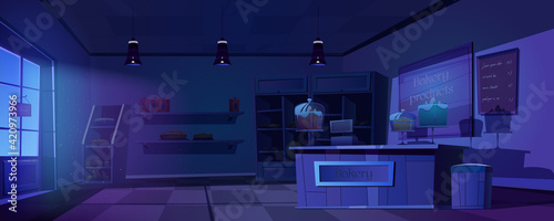 Bakery at night, empty dark bake house interior
