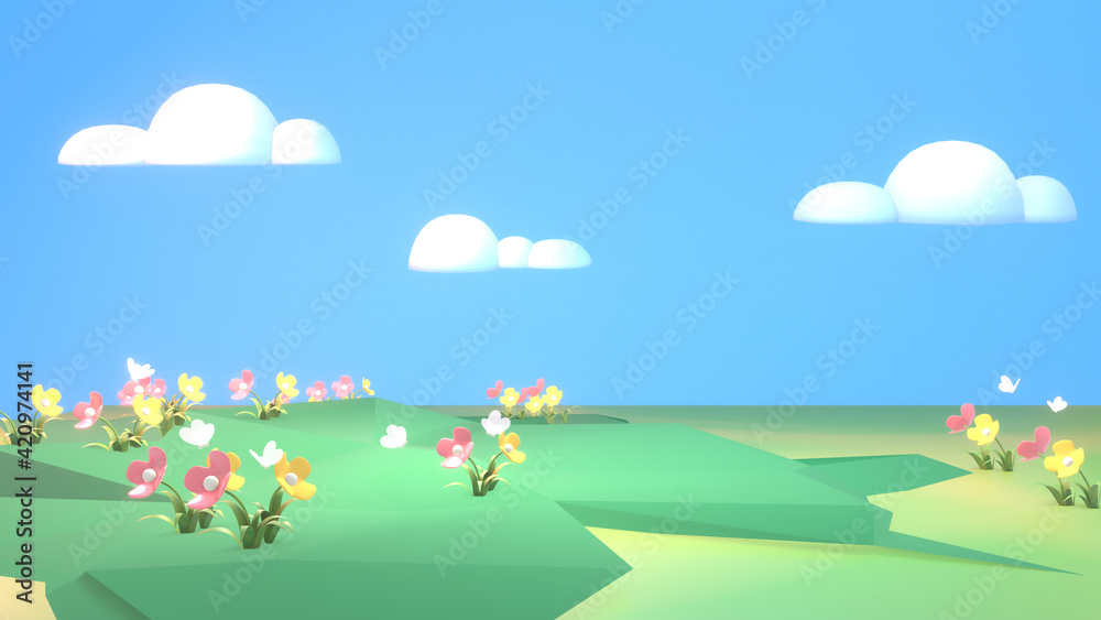 Cartoon landscape of green grass filed, flowers,  butterflies, and white clouds in the blue sky. 3d rendering picture.