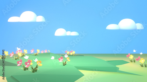 Cartoon landscape of green grass filed  flowers   butterflies  and white clouds in the blue sky. 3d rendering picture.