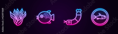 Set line Seaweed, Puffer fish, Shrimp and Served on plate. Glowing neon icon. Vector
