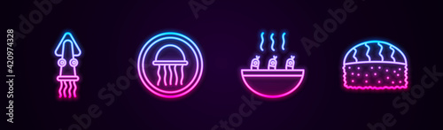 Set line Octopus, Jellyfish on a plate, Soup with shrimps and Sushi. Glowing neon icon. Vector