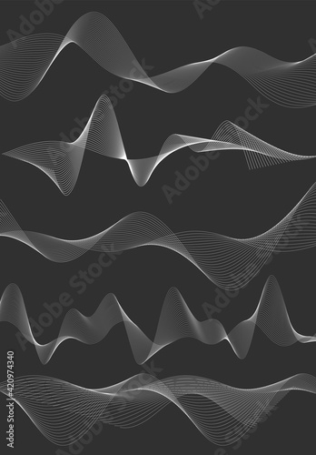 Design elements. Wave of many gray lines. Abstract wavy stripes on white background isolated. Creative line art. Vector illustration EPS 10. Colourful shiny waves with lines created using Blend Tool.