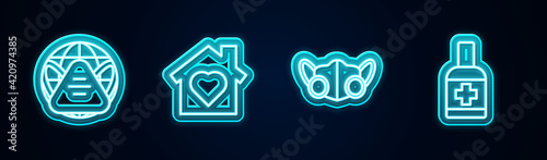 Set line Earth with medical mask, House heart inside, Medical protective and Liquid antibacterial soap. Glowing neon icon. Vector