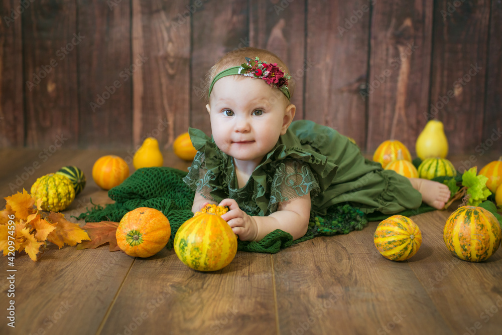 Fototapeta premium Cute little girl up to 1 year old in a green cute dress and a floral wreath with small yellow and orange pumpkins on a brown wooden background