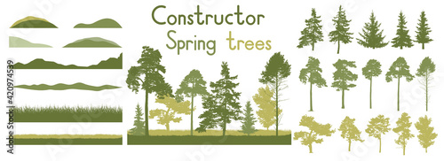 Spring trees, constructor kit. Beautiful silhouettes of spruce and pine and coniferous trees and etc., grass. Set of design elements. Vector illustration.