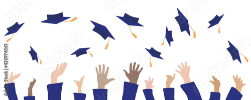 Graduation banner. Graduates hands throwing square academic caps or mortarboards. Vector illustration.