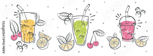 Smoothies. Detox Diet Drinks In Different Bottle. Fresh organic Smoothie ingredients. Superfoods and health or detox diet food concept in sketch style.