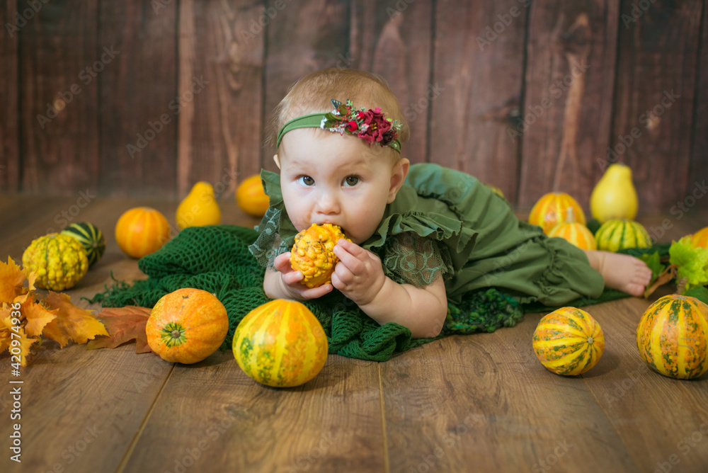 Fototapeta premium Cute little girl up to 1 year old in a green cute dress and a floral wreath with small yellow and orange pumpkins on a brown wooden background